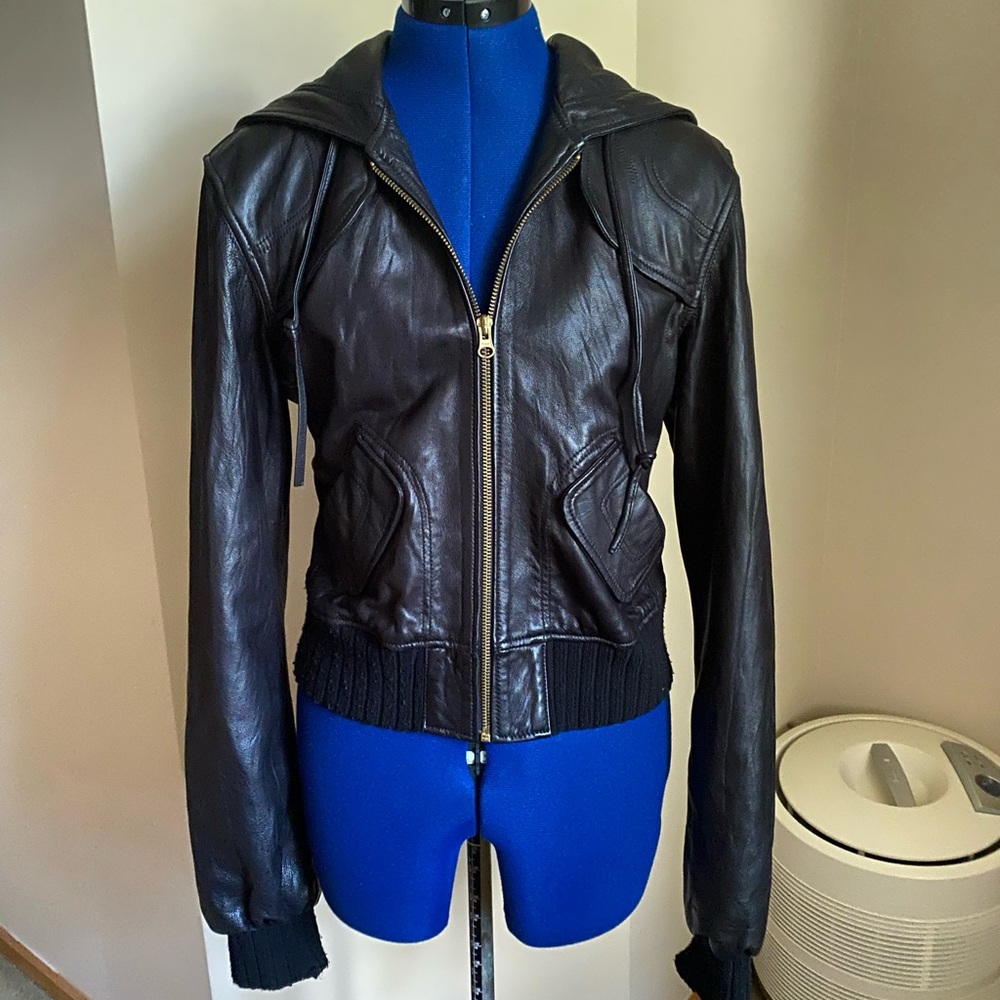 Mike & Chris Black Leather Jacket with Hood - Picture 4 of 11